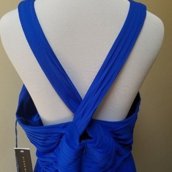Aidan Mattox Deep Sky Blue Pleated Silk Chiffon Halter-Neck Gown Colbalt - Picture 4 of 15